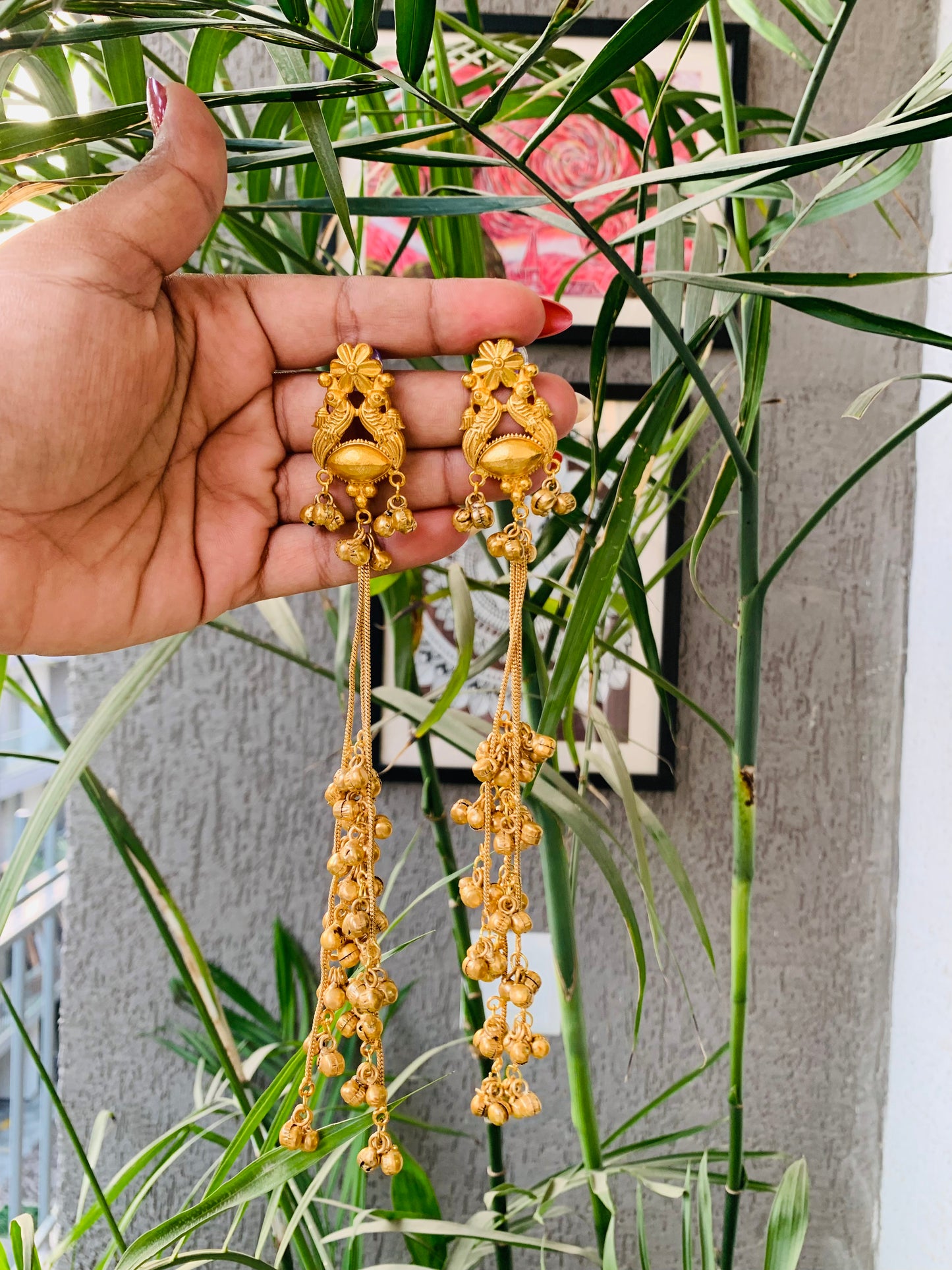 Kashmiri Golden Long Ghungroo Earrings