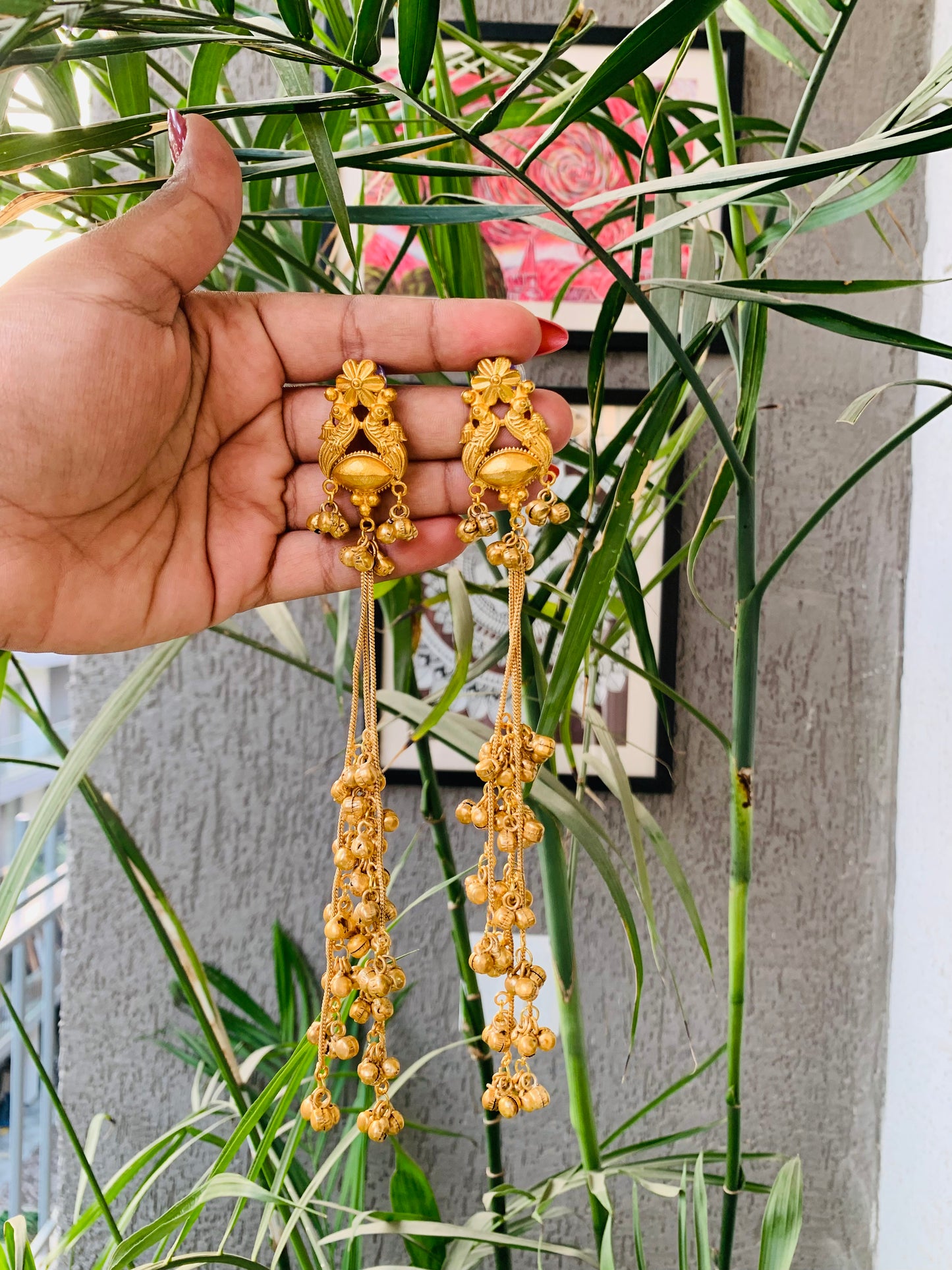 Kashmiri Golden Long Ghungroo Earrings