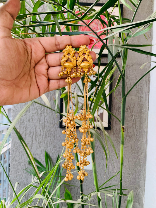 Kashmiri Golden Long Ghungroo Earrings