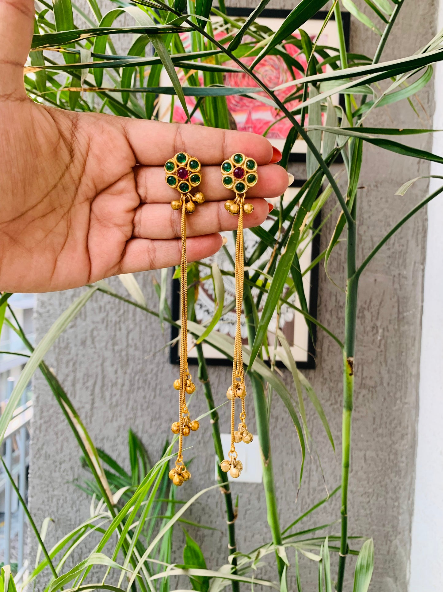 Kashmiri Long Golden Ghungroo Earrings