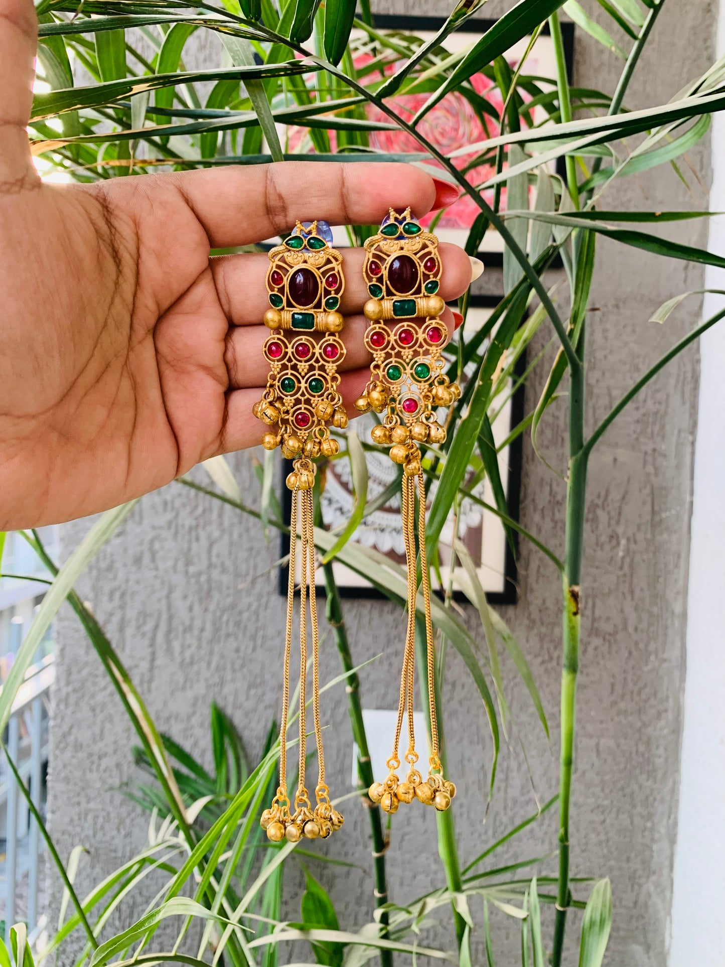 Kashmiri Ruby Emerald Green Golden Long Ghungroo Earrings