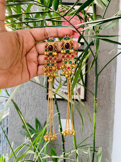 Kashmiri Ruby Emerald Green Golden Long Ghungroo Earrings