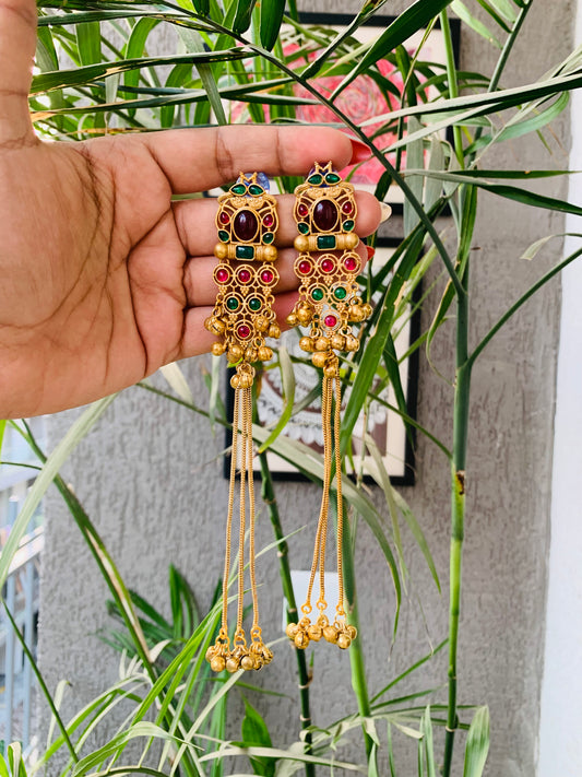 Kashmiri Ruby Emerald Green Golden Long Ghungroo Earrings