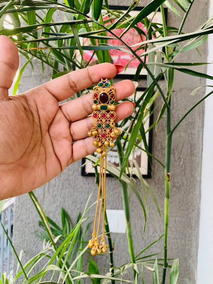 Kashmiri Ruby Emerald Green Golden Long Ghungroo Earrings