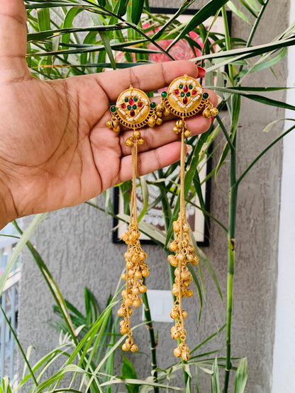 Kashmiri Ruby Emerald Green Pearl Golden Long Ghungroo Earrings