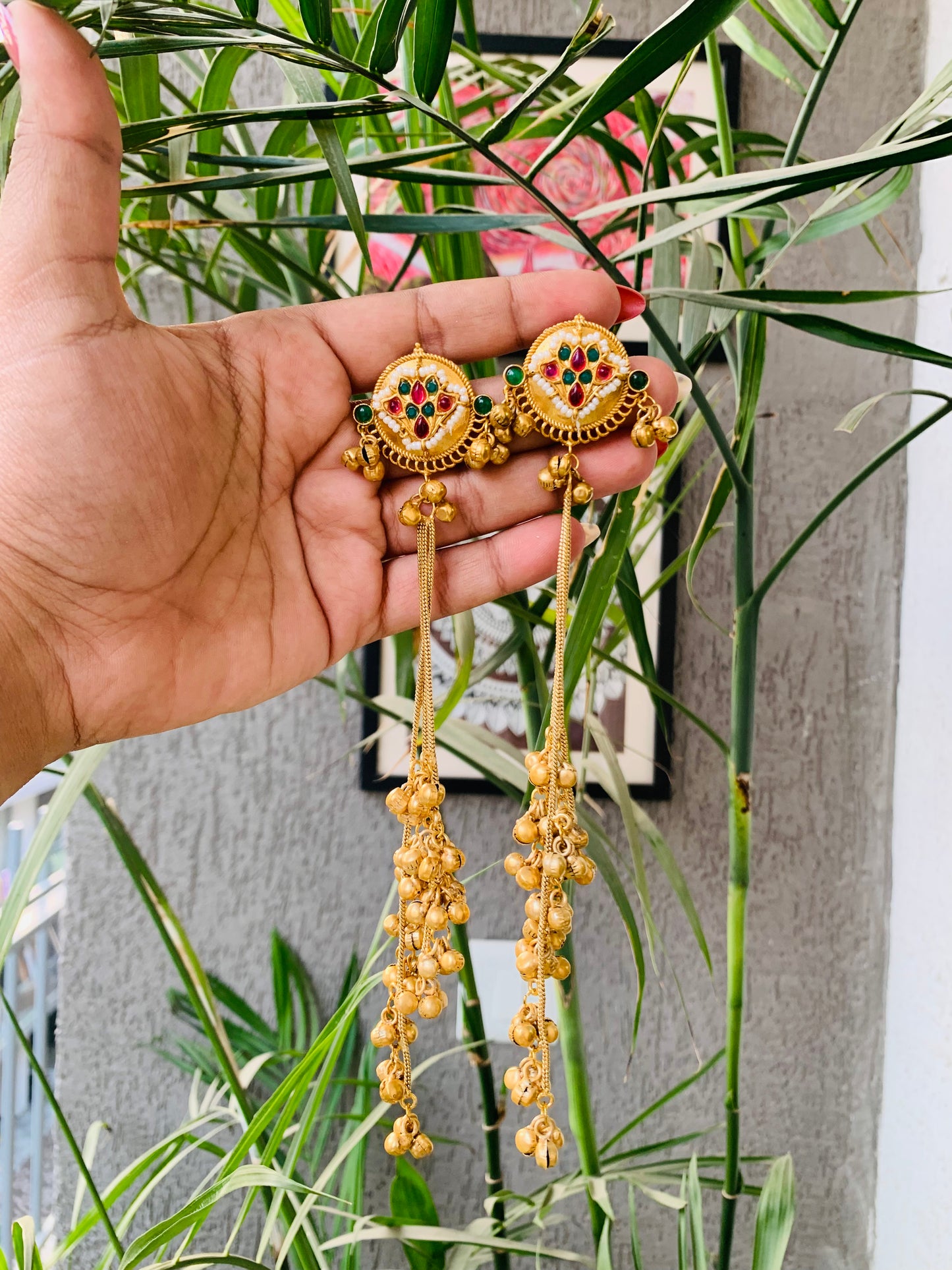 Kashmiri Ruby Emerald Green Pearl Golden Long Ghungroo Earrings