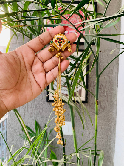 Kashmiri Ruby Emerald Green Pearl Golden Long Ghungroo Earrings