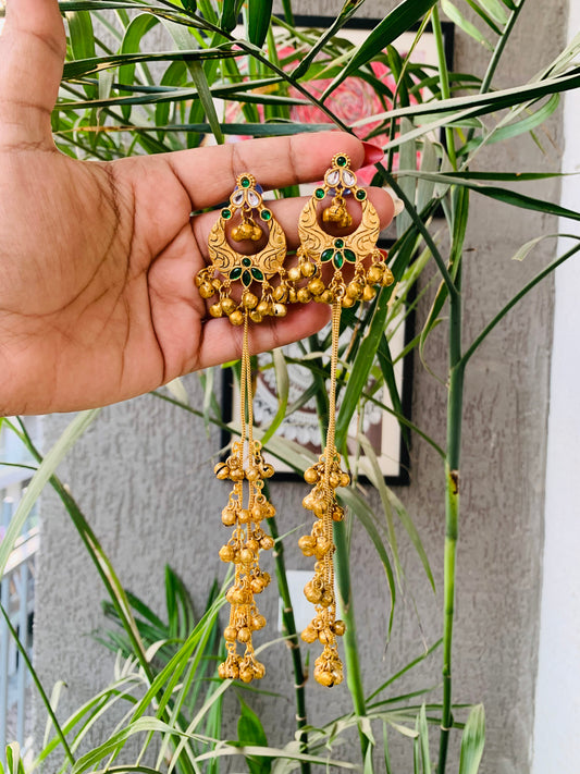 Kashmiri Emerald Green Golden Long Ghungroo Earrings