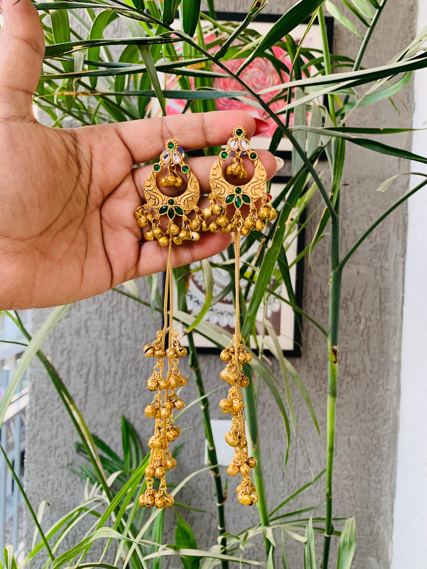 Kashmiri Emerald Green Golden Long Ghungroo Earrings