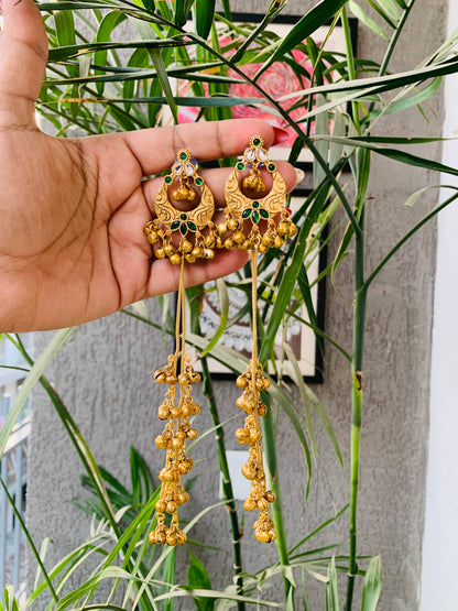 Kashmiri Emerald Green Golden Long Ghungroo Earrings