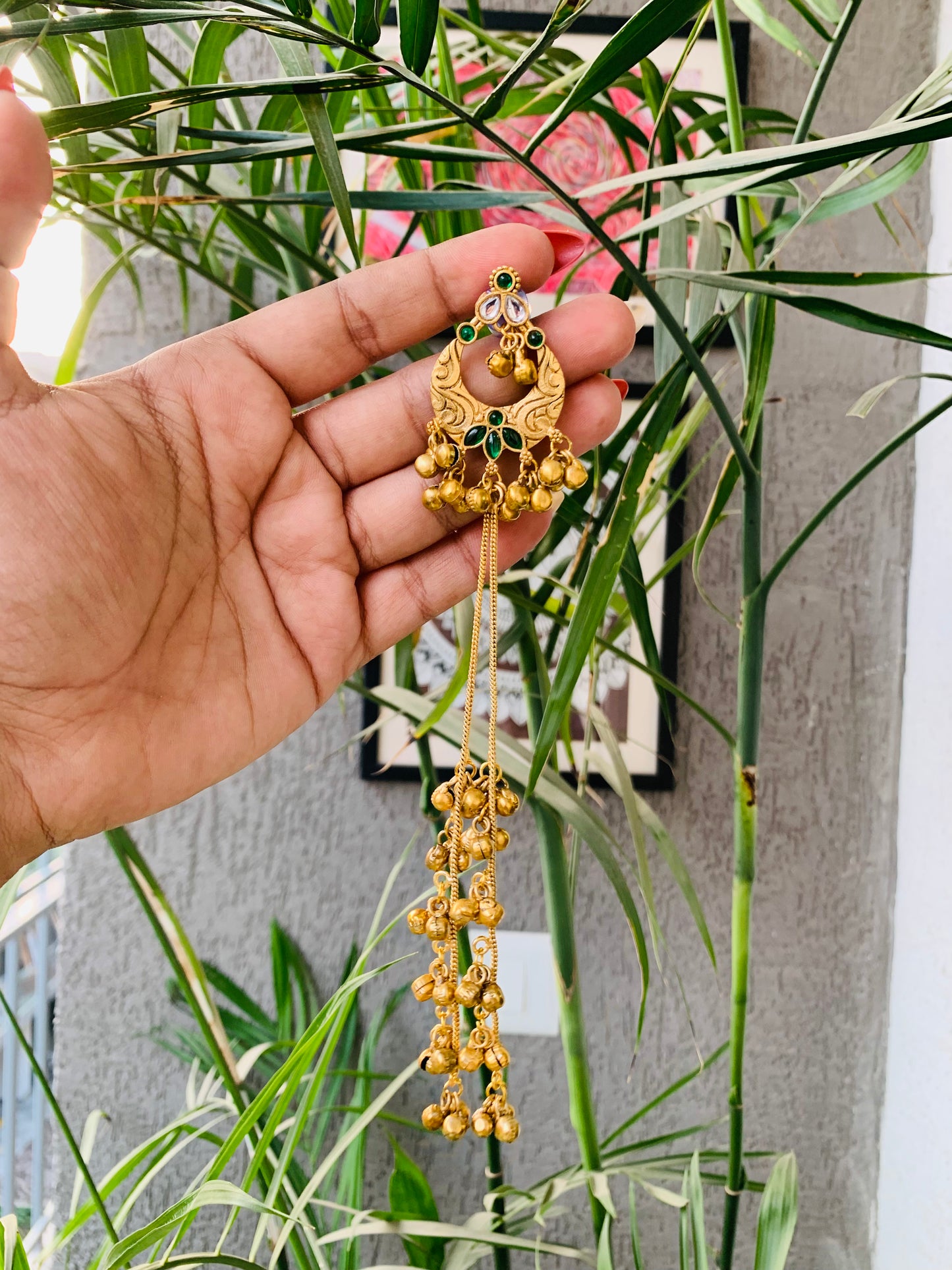 Kashmiri Emerald Green Golden Long Ghungroo Earrings
