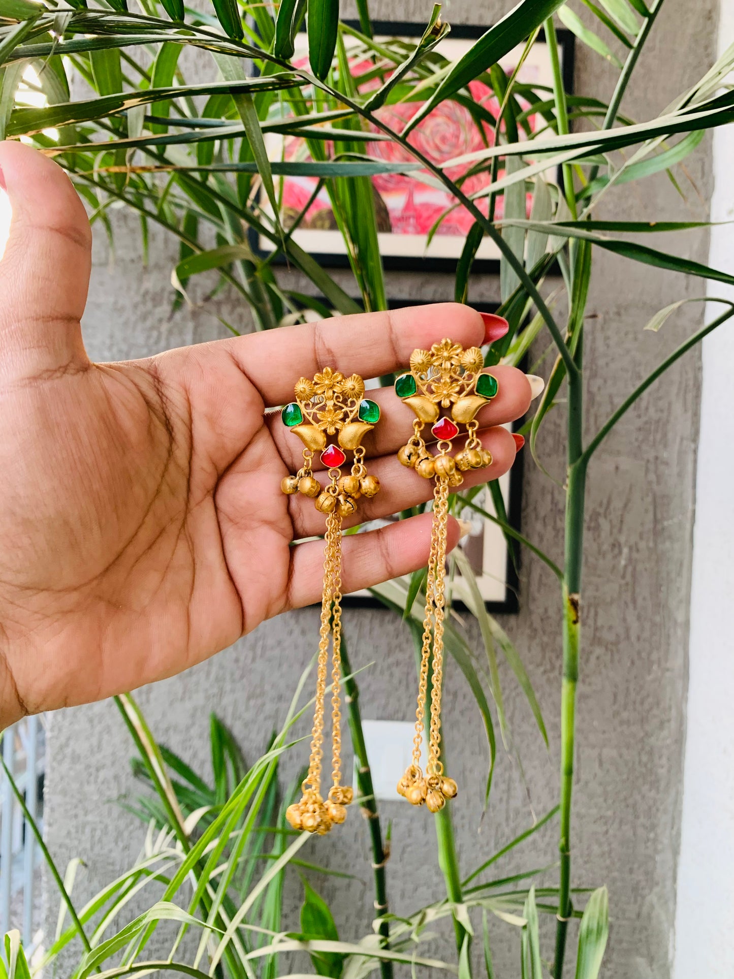 Kashmiri Ruby Emerald Golden Long Ghungroo Earrings