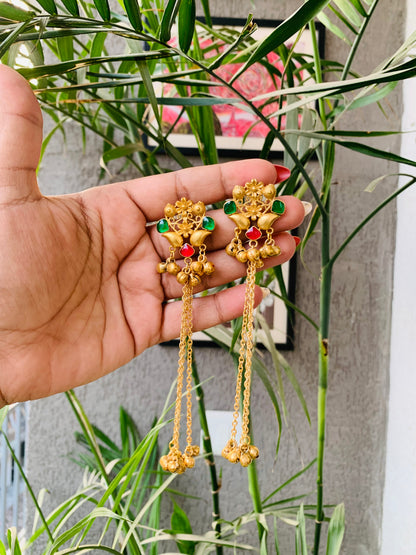 Kashmiri Ruby Emerald Golden Long Ghungroo Earrings