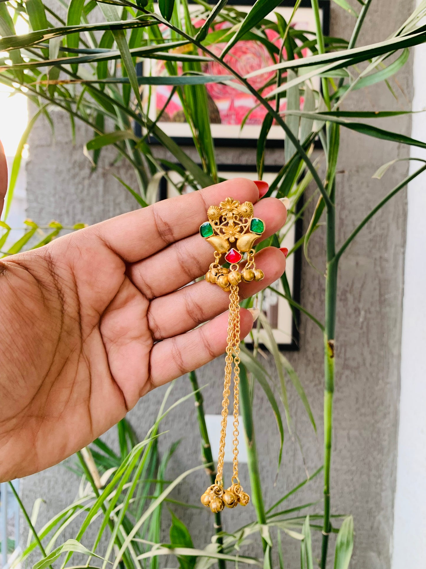 Kashmiri Ruby Emerald Golden Long Ghungroo Earrings