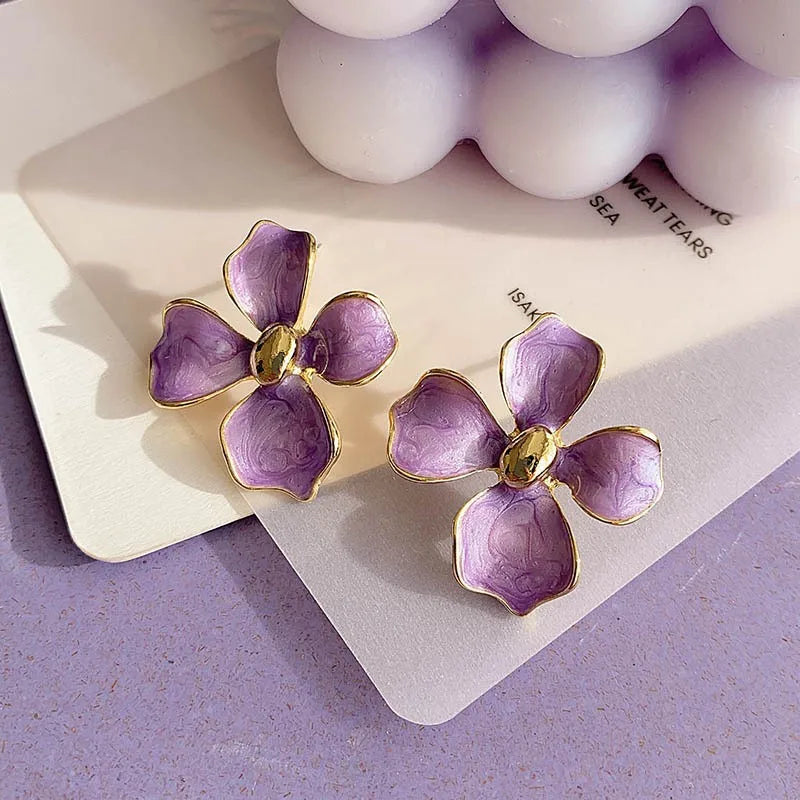 Anti Tarnish Purple Flower Earrings