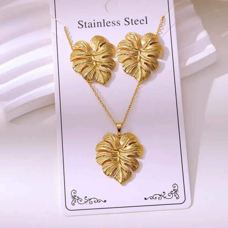 Tropical Leaf Pendant Necklace & Earrings Set