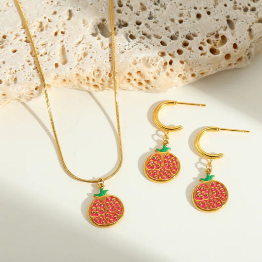 Anti Tarnish Pomegranate Charm Necklace & Earrings Set