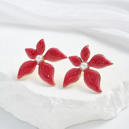 Red Blossom Pearl Studs