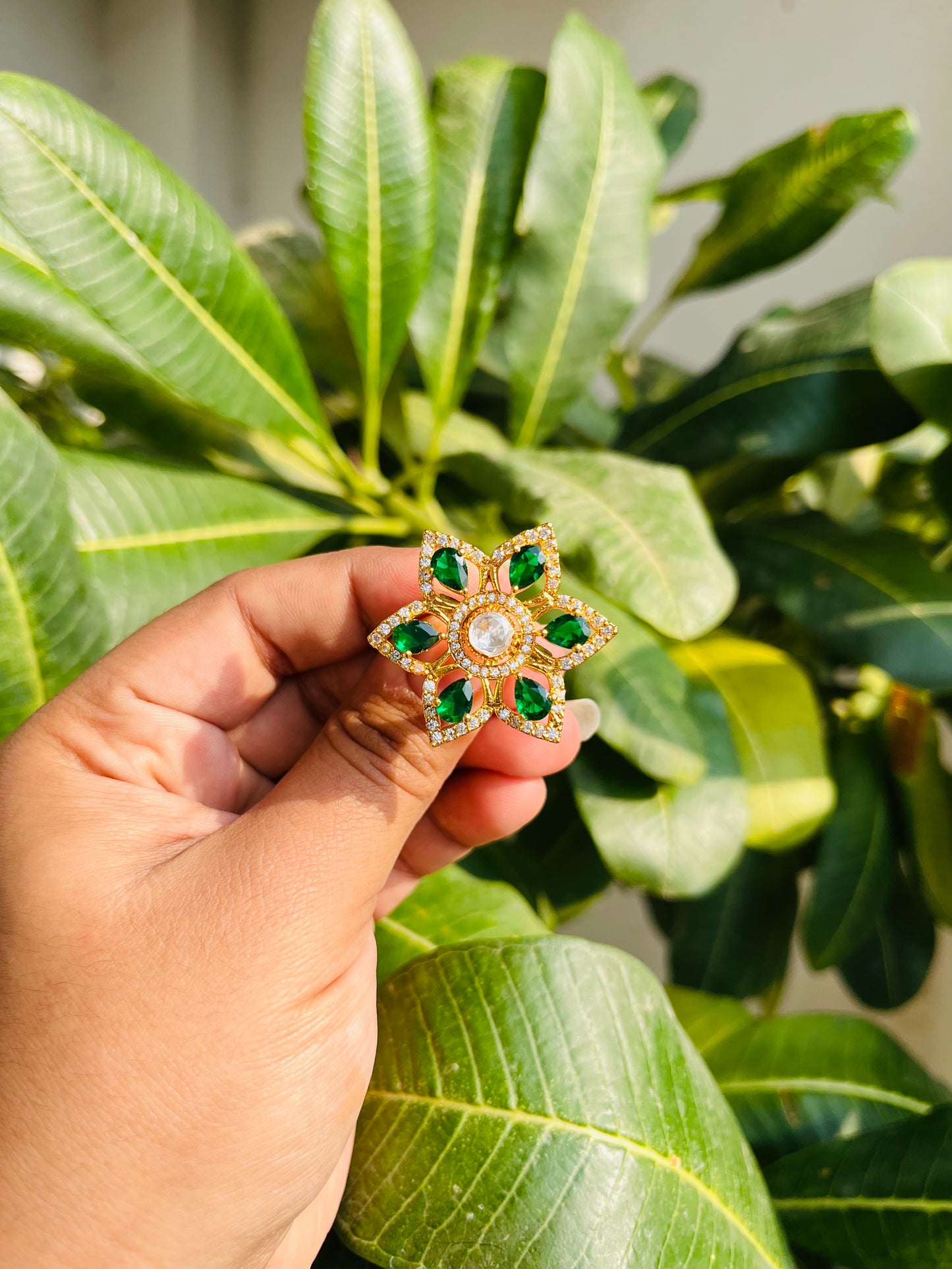 Pointed Flower Shaped Golden and Green Ring