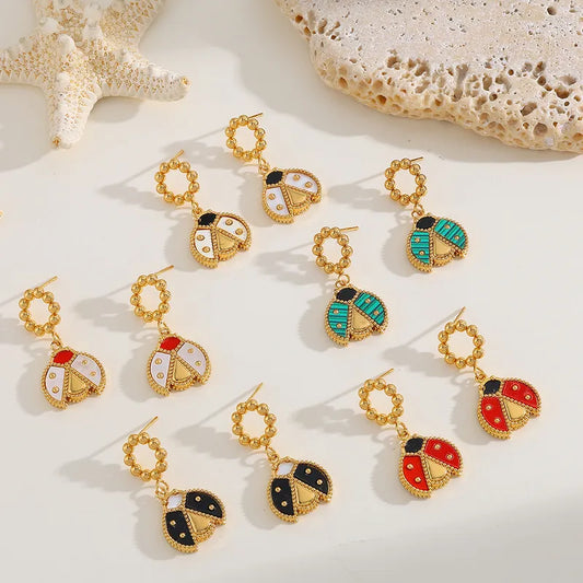 Anti Tarnish Stainless Steel 18K Gold Plated Ladybug Pendant Earrings
