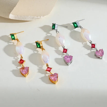 Anti Tarnish Stainless Steel 18K Gold Plated Zircon Heart Pendant Earrings Fashionable Casual Elegant Studs For Women Perfect Gift