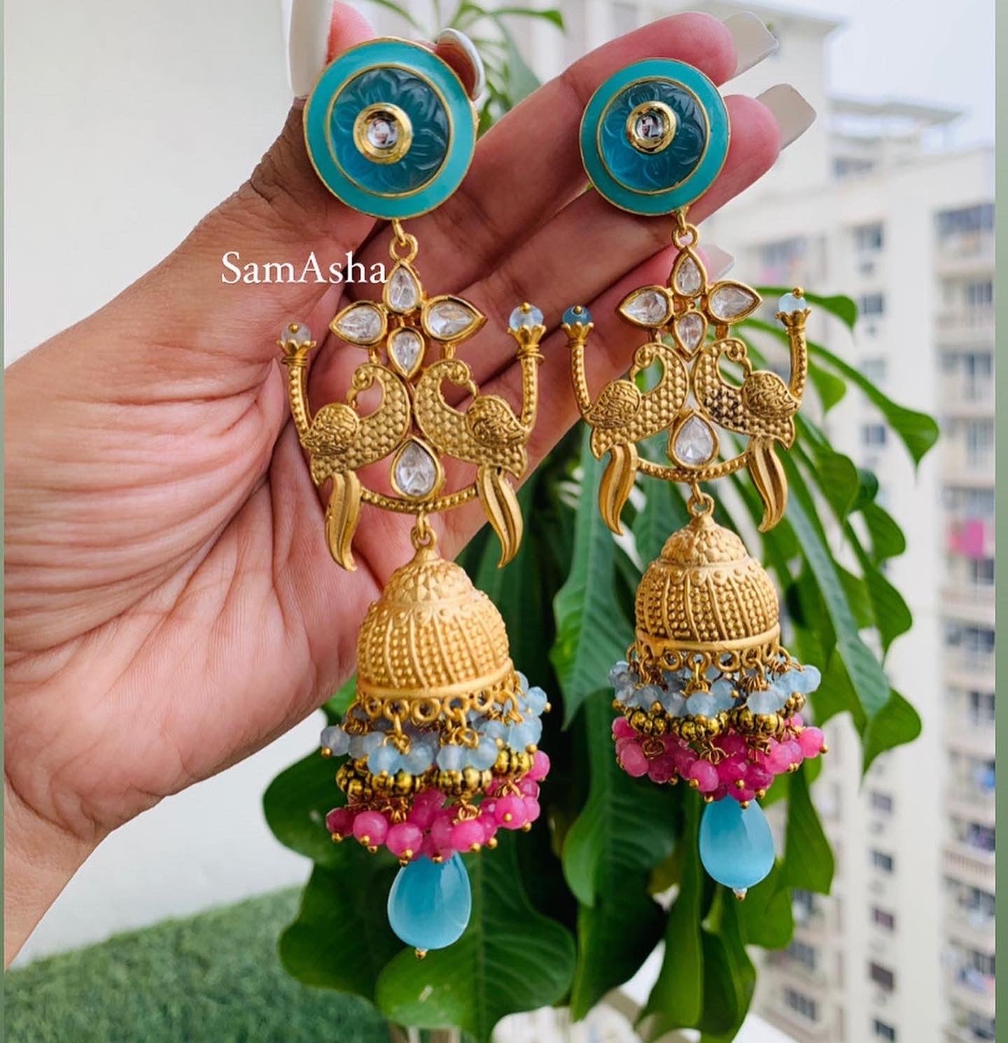 Green color matte gold earrings - Jaipur Mart - 4180741