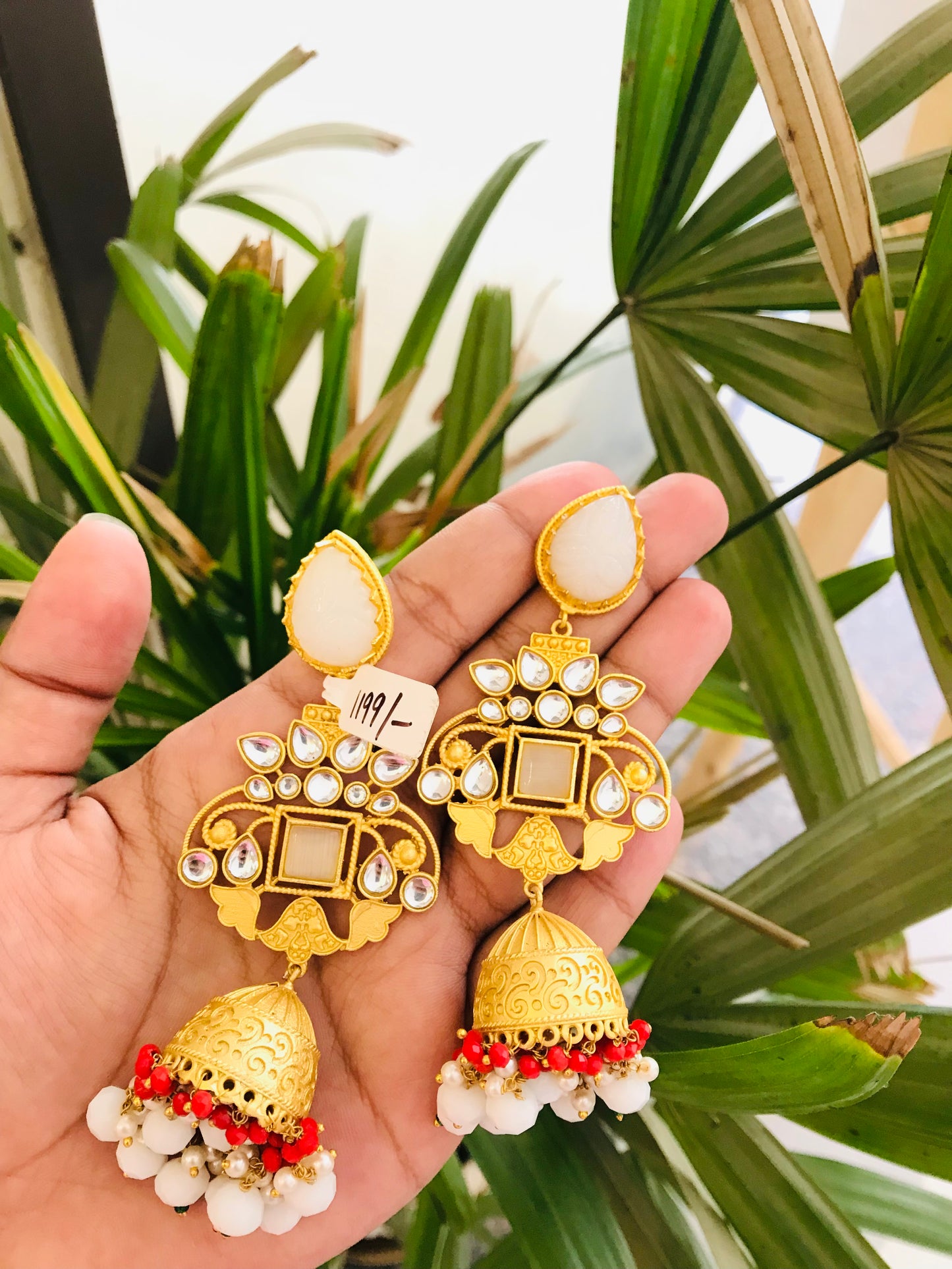 Matte Gold Jhumkas with Natural Carved Stone