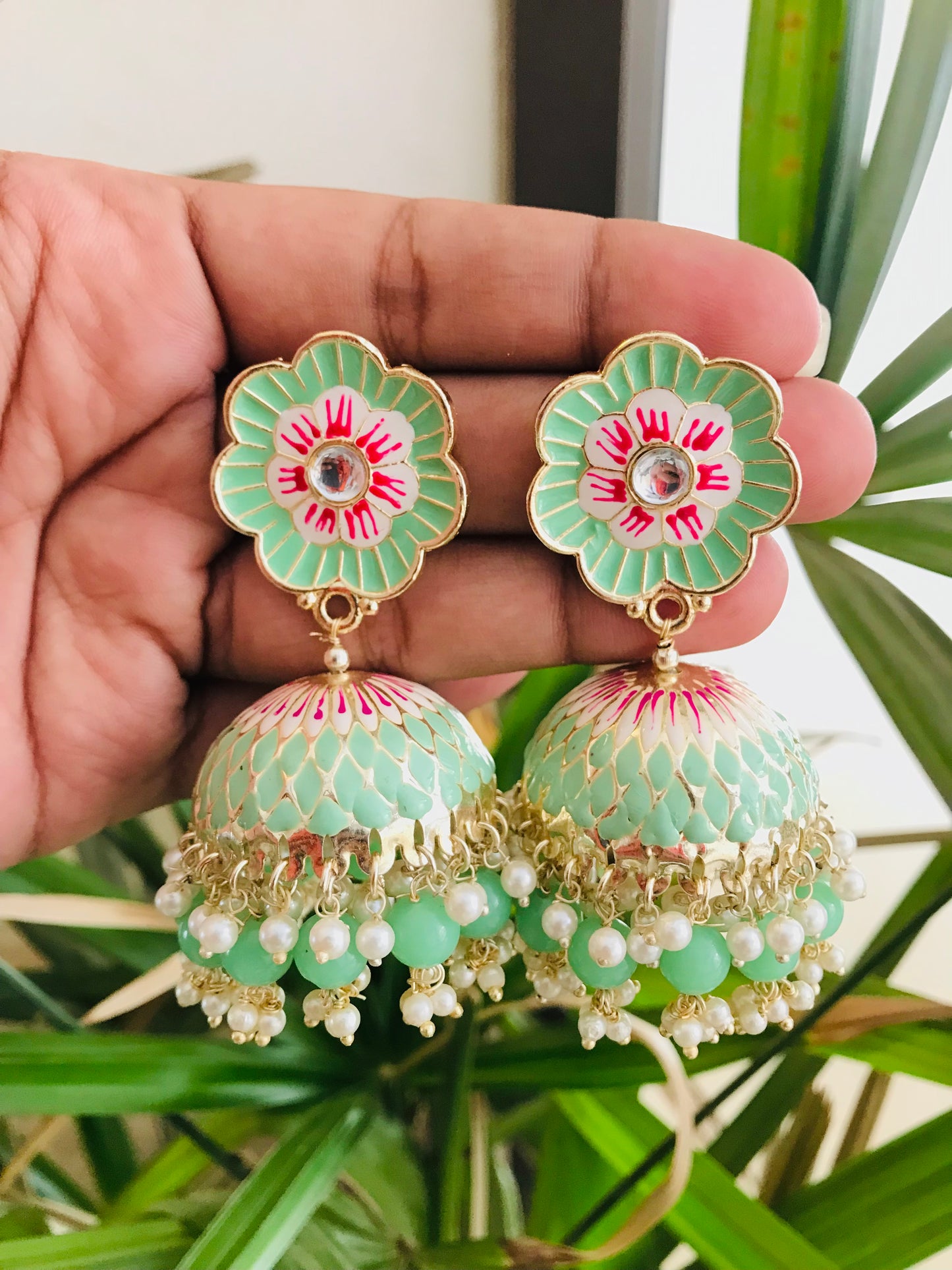 Flower Shaped Meenakari Studs with Jhumka