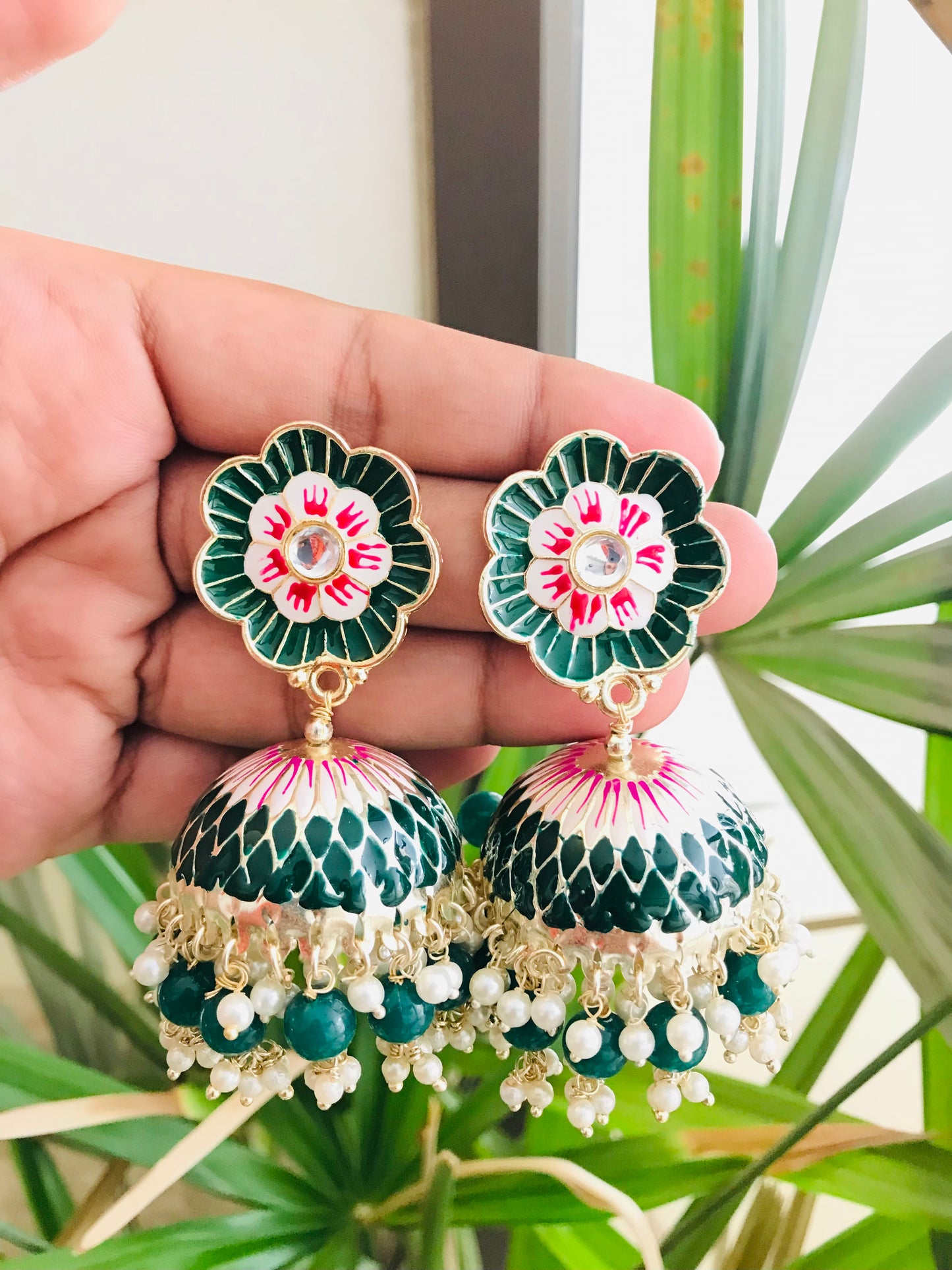 Flower Shaped Meenakari Studs with Jhumka