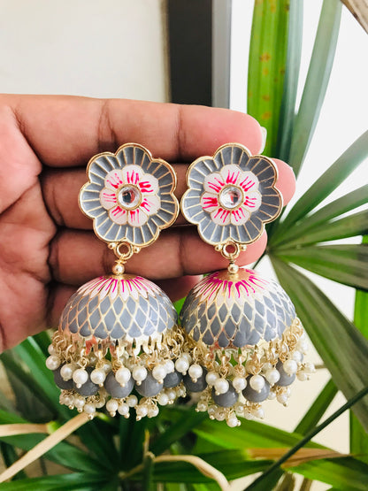 Flower Shaped Meenakari Studs with Jhumka