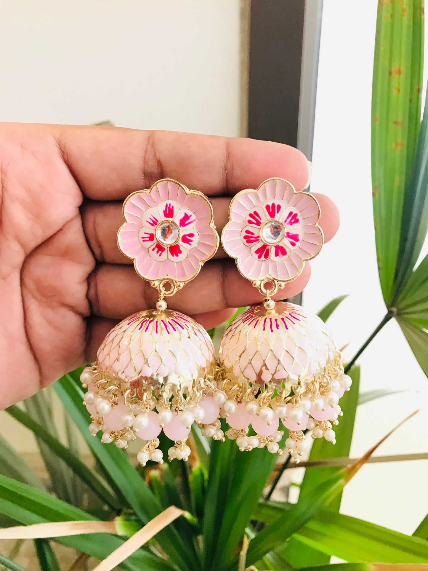 Flower Shaped Meenakari Studs with Jhumka