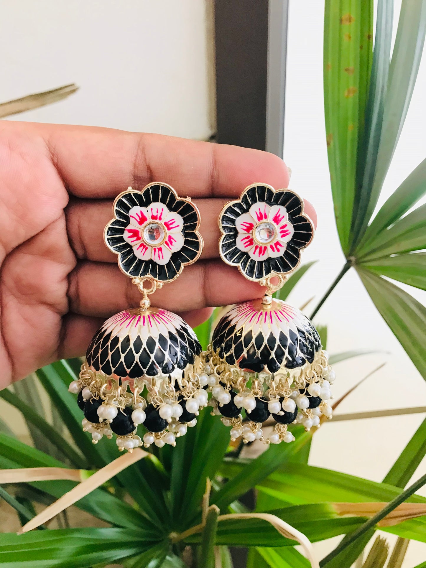 Flower Shaped Meenakari Studs with Jhumka