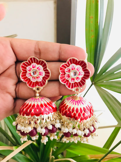 Flower Shaped Meenakari Studs with Jhumka