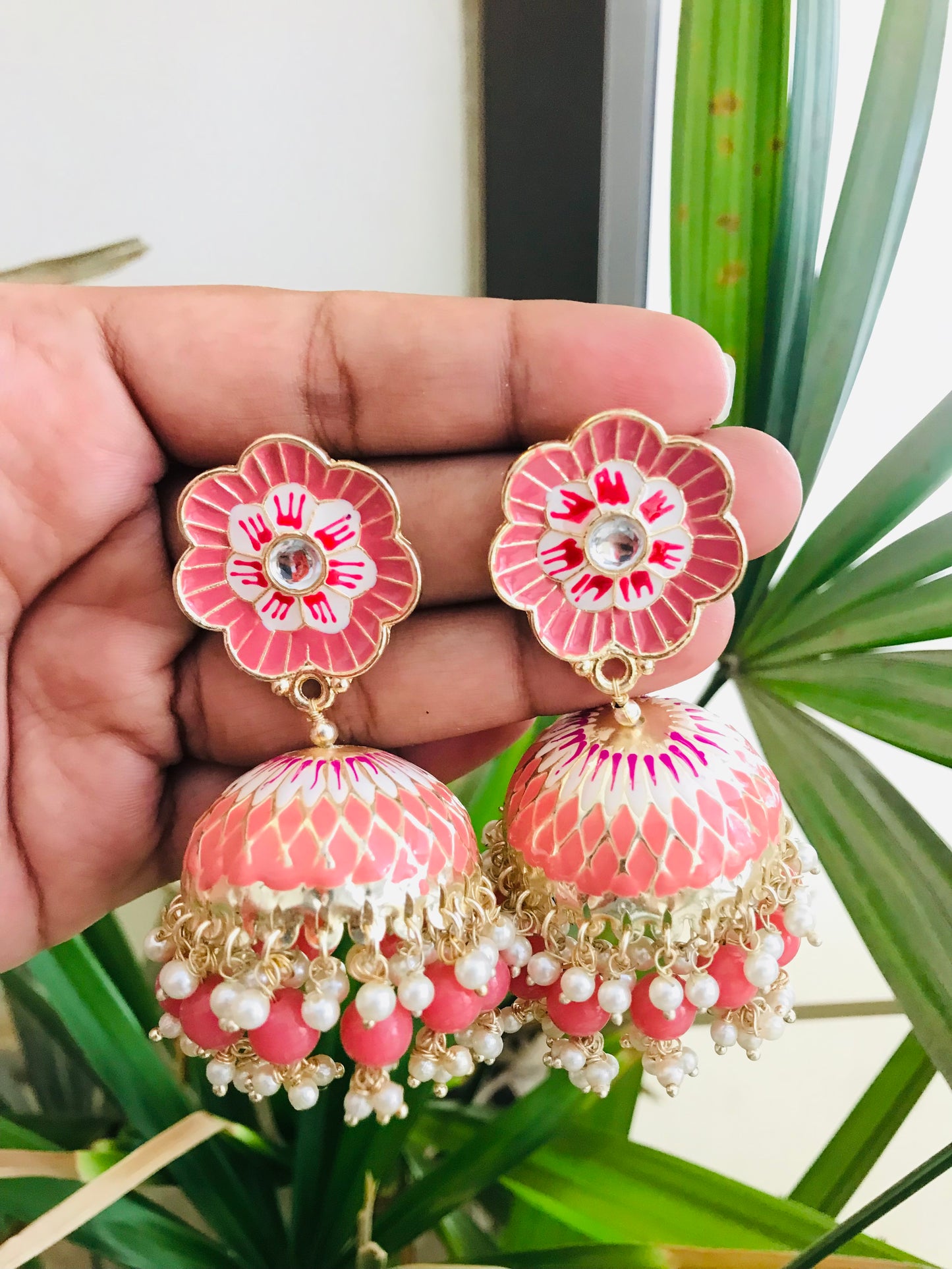 Flower Shaped Meenakari Studs with Jhumka